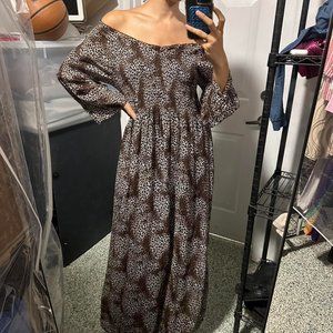 Robert Louis Womens Maxi Dress Animal Print Flowy Off Shoulder Brown Small
